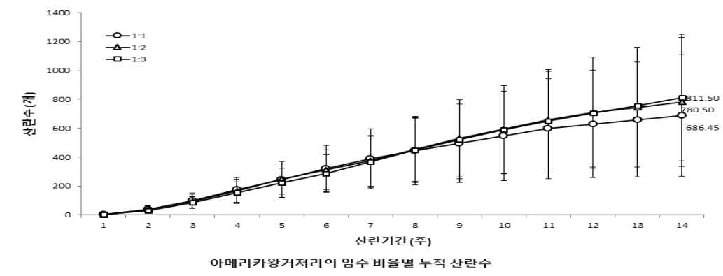 암수비율별 아메리카왕거저리의 산란주별 암컷 1마리 누적평균 산란수