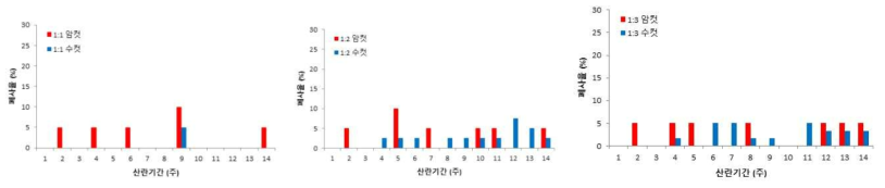 암수비율별 아메리카왕거저리의 산란주별 폐사율