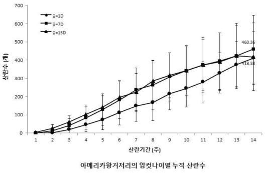 암컷 성충의 나이별 아메리카왕거저리의 산란 기간에 따른 암컷 1마리 누적 산란수