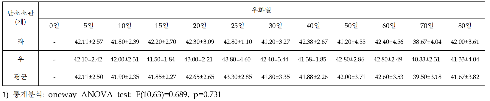 우화일별 아메리카왕거저리 암컷성충의 난소당 난소소관수 조사