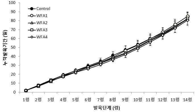 인공사료(WF2)의 아가비율별 아메리카왕거저리 유충의 령별 누적 발육기간