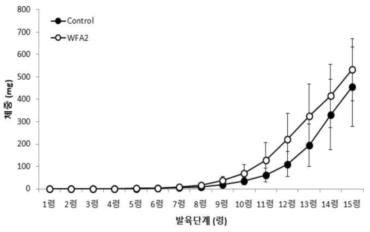 선발된 인공사료(WFA2)와 밀기울에 따른 아메리카왕거저리 유충의 령별 체중