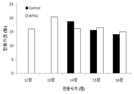 선발된 인공사료(WFA2)와 밀기울에 따른 아메리카왕거저리의 발육단계별 전용기간