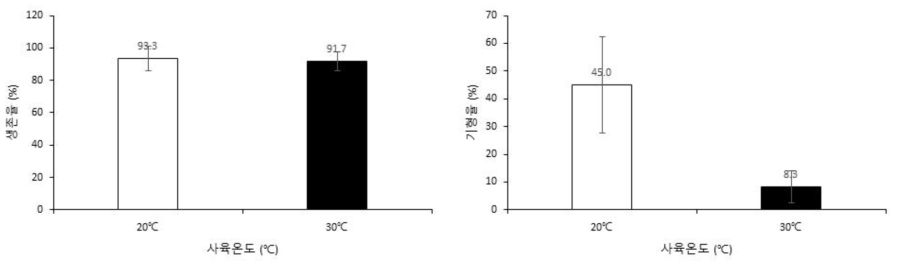 20℃에 아메리카왕거저리 종령 유충의 저장온도별 성충 생존율 및 기형율