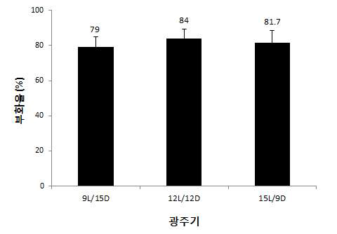 광주기별 아메리카왕거저리 부화율 1) 실험곤충 및 반복 : 산란 2일째 알, 시험구당 100개 3반복, 300개 2) 조사기간: 시작부터 7일간