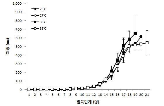 온도에 따른 아메리카왕거저리 유충의 령별 체중