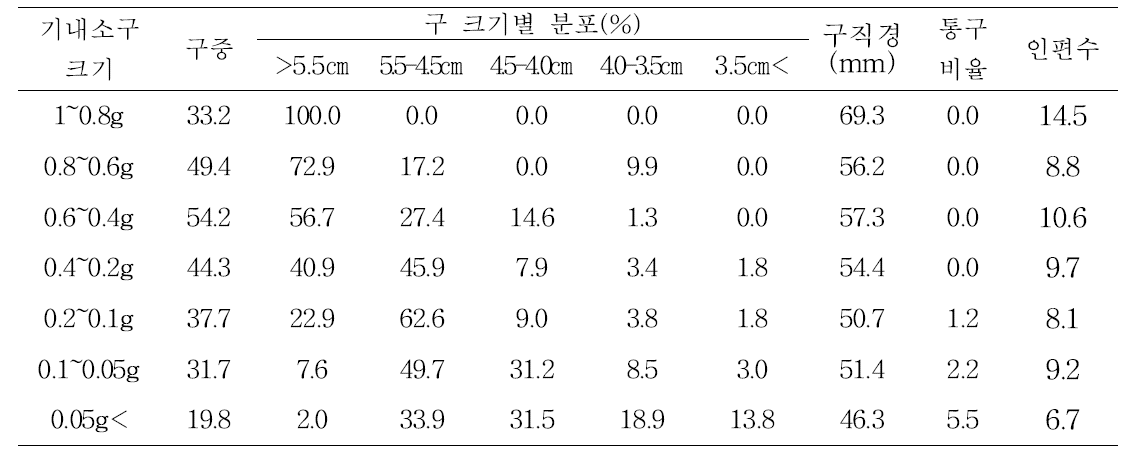 대서 품종 기내소구 크기별 생육 및 구 특성