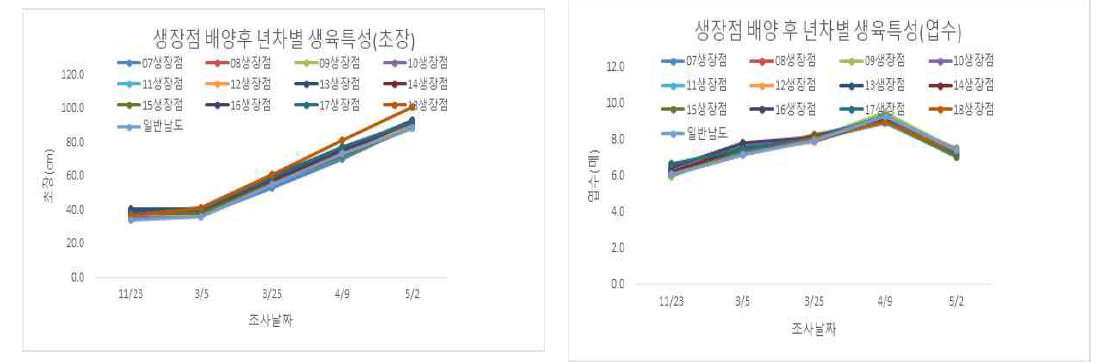 마늘 생장점 배양 유래 년차별 생육특성(초장 및 엽수)