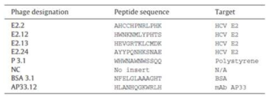 본 연구에 사용된 파지 클론 및 표시된 펩티드 서열 목록