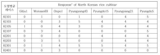 남한에서 분리된 대표 KJ 도열병균 레이스들에 대한 북한 품종들의 반응