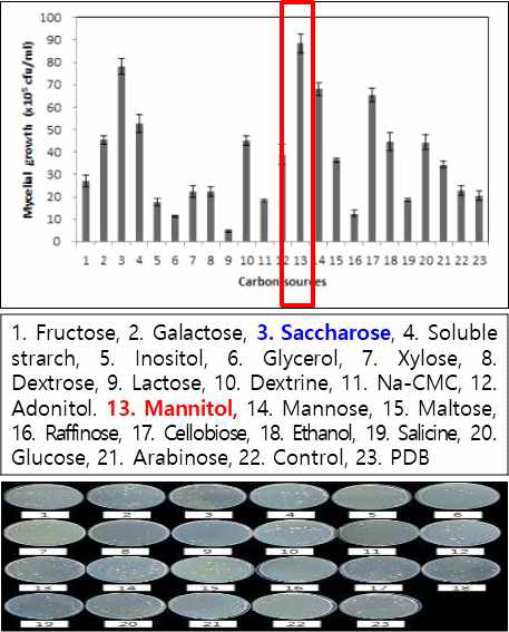 흰목이버섯의 탄소원별 균사 생육