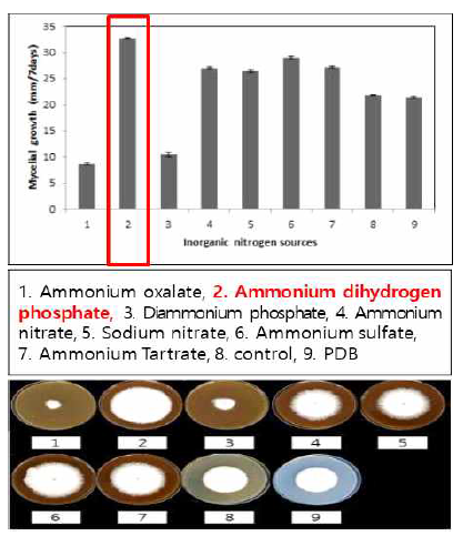 공생균의 무기질소원별 균사 생육