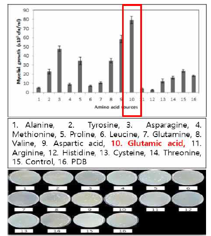 흰목이버섯의 아미노산별 균사 생육