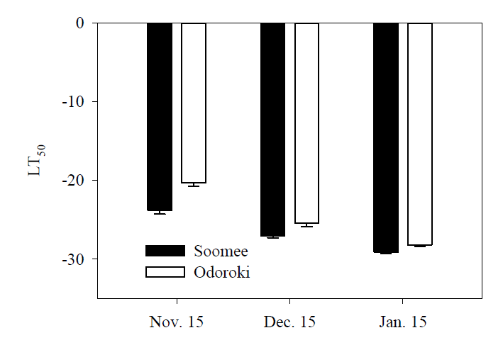 Seasonal change of cold hardiness (LT50) in ‘Soomee’ and ‘Odoroki’ peach tree shoots during cold acclimation