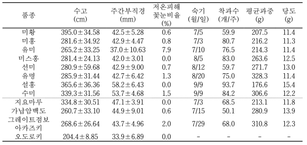 지역 및 품종별 생육 및 결실특성(‘19)