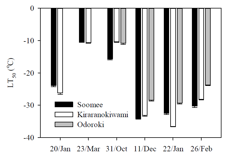 Seasonal change of cold hardiness (LT50) in the buds of peach trees during cold acclimation and deacclimation (2017-2018)