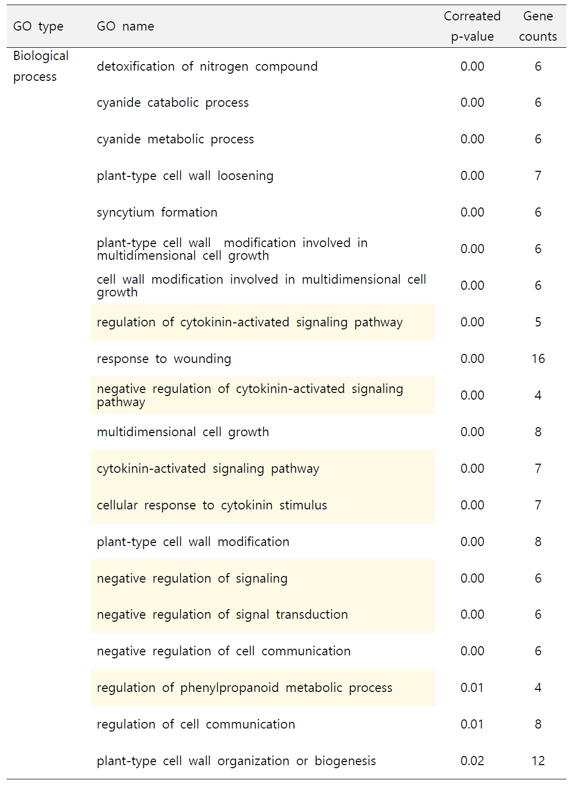 C4 군집의 gene ontology 분석 결과(상위 20개)