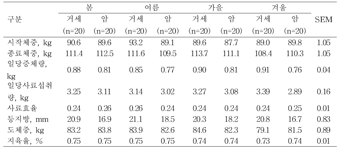 비육돈의 계절별 생산성 및 도체성적 결과