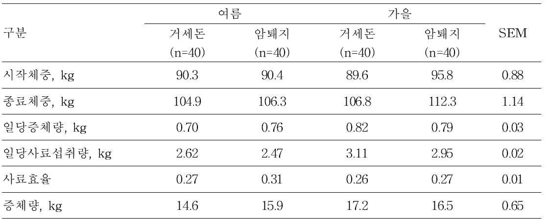 비육돈의 혹서기와 환절기 생산성 및 도체성적 결과