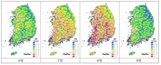 2016년 6∼9월의 가축 더위지수 분포