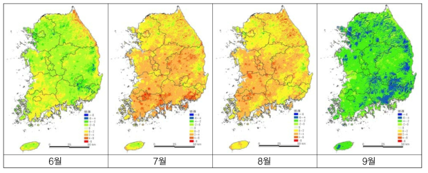 2018년 6∼9월의 기상관측과 RCP 8.5 시나리오 간 가축 더위지수 차이