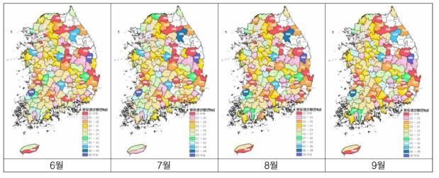 2016년 6∼9월의 지역별 농가당 원유생산량(단위 : 천kg)