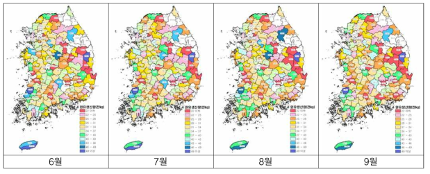 2017년 6∼9월의 지역별 농가당 원유생산량(단위 : 천kg)