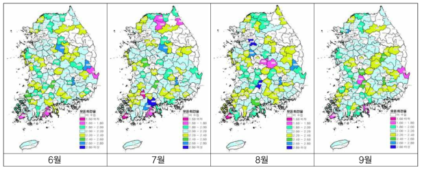 2016년 6∼9월의 지역별 어미돼지의 회전율