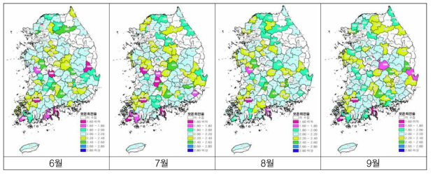 2017년 6∼9월의 지역별 어미돼지의 회전율