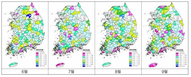 2018년 6∼9월의 지역별 어미돼지의 회전율