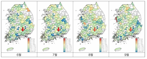 2016년 6∼9월의 지역별 어미돼지의 복당 총산자(단위 : 두)