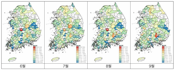 2017년 6∼9월의 지역별 어미돼지의 복당 총산자(단위 : 두)