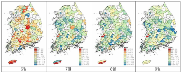 2018년 6∼9월의 지역별 어미돼지의 복당 총산자(단위 : 두)