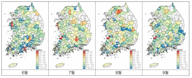 2016년 6∼9월의 지역별 어미돼지의 복당 이유 두수(단위 : 두)