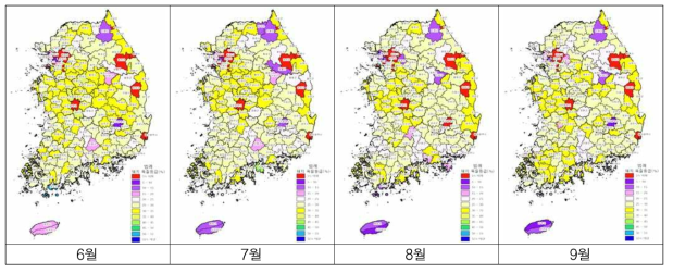 2017년 6∼9월의 지역별 돼지 육질 1+등급 출현율(단위 : %)