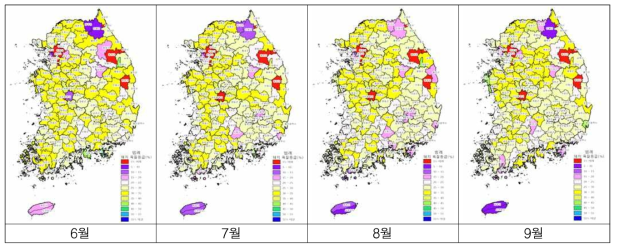 2018년 6∼9월의 지역별 돼지 육질 1+등급 출현율(단위 : %)