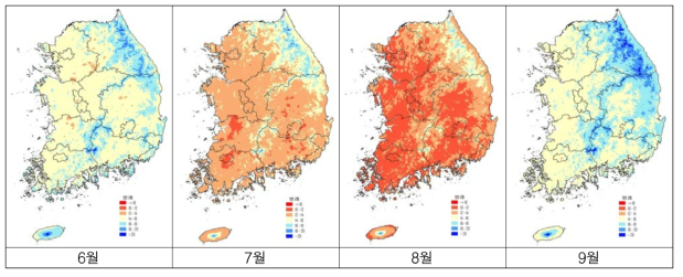 2016년 6∼9월의 지역별 젖소 일일 두당 원유생산량 추정 분포(단위 : kg/두/일)