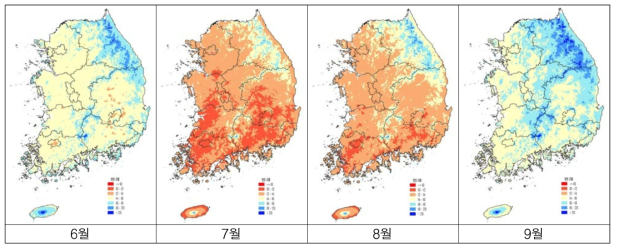 2017년 6∼9월의 지역별 젖소 일일 두당 원유생산량 추정 분포(단위 : kg/두/일)