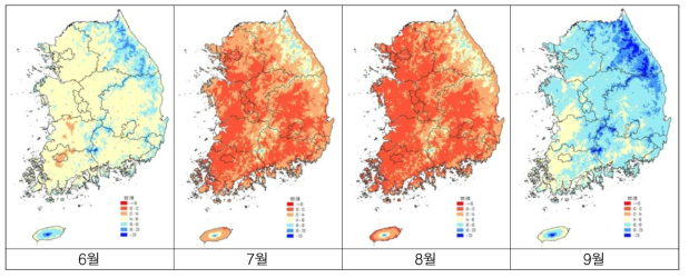 2018년 6∼9월의 지역별 젖소 일일 두당 원유생산량 추정 분포(단위 : kg/두/일)