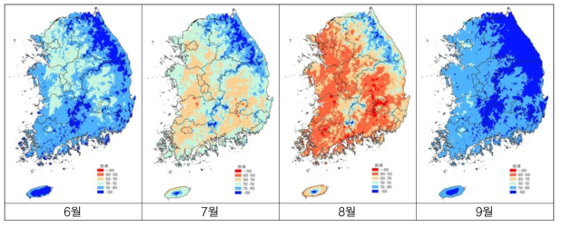 2016년 6∼9월의 지역별 돼지 일당 증체량 추정 분포(단위 : g/두/일)