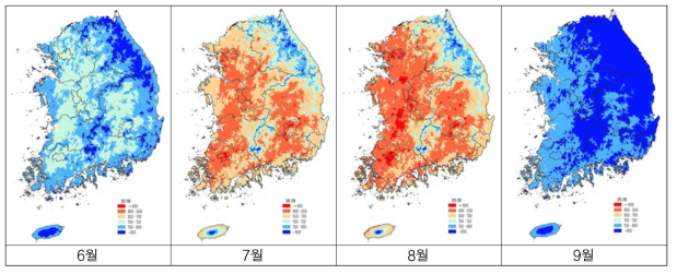 2018년 6∼9월의 지역별 돼지 일당 증체량 추정 분포(단위 : g/두/일)