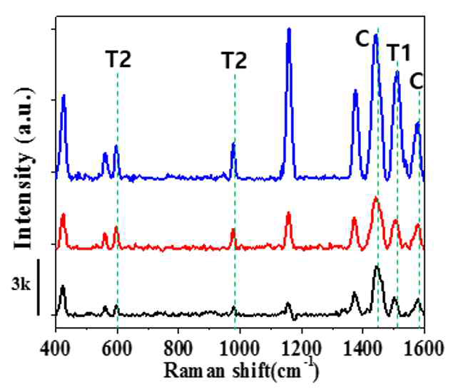 Thiram (T1), tricyclazole (T2), carbaryl (C) 혼합 용액의 (A) 최저검출농도 (LOD) 실험 (T1: 100 nM ~ 1 μM, T2: 1 nM ~ 100 nM, C: 1 μM ~ 100 μM) 및 (B) PCA를 통한 확인