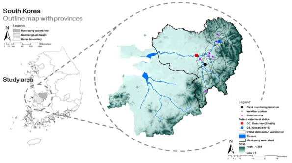 새만금 유역도 및 모니터링 지점 위치