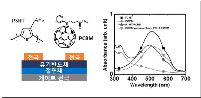 P3HT, PCBM 분자구조, 소자구조, 유기 반도체와 블렌드의 선택적 식각 전후 흡광 스펙트럼