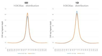 음파처리 후 시간의 경과에 따른 H3K36ac 의 ChIP peak density 변화(density plots)