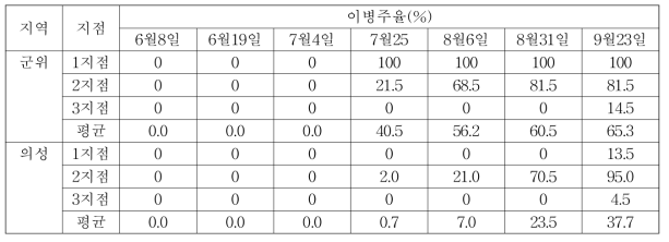 2019년 경북지역 고추 탄저병 이병주율 조사결과