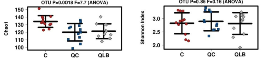 Chao 1(A), Shannon Index(B)를 통한 처리구별 분변미생물 다양성 분석(α-diversity)
