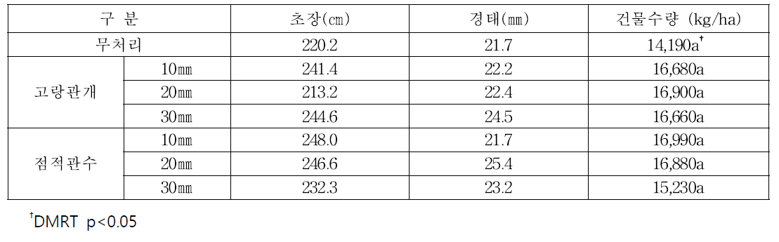 고랑관개 및 점적관수 처리에 따른 사료용 옥수수의 생육 및 수량(토양 염농도 0.05%)