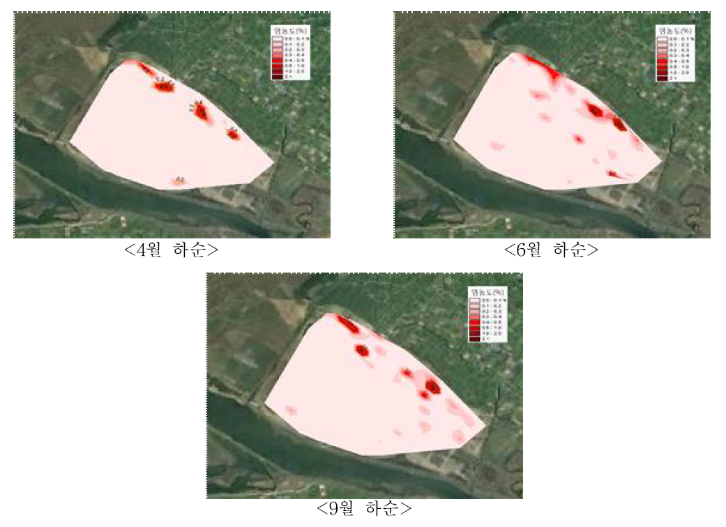 새만금간척지 5공구(광활)의 시기별 토양 염농도 분포