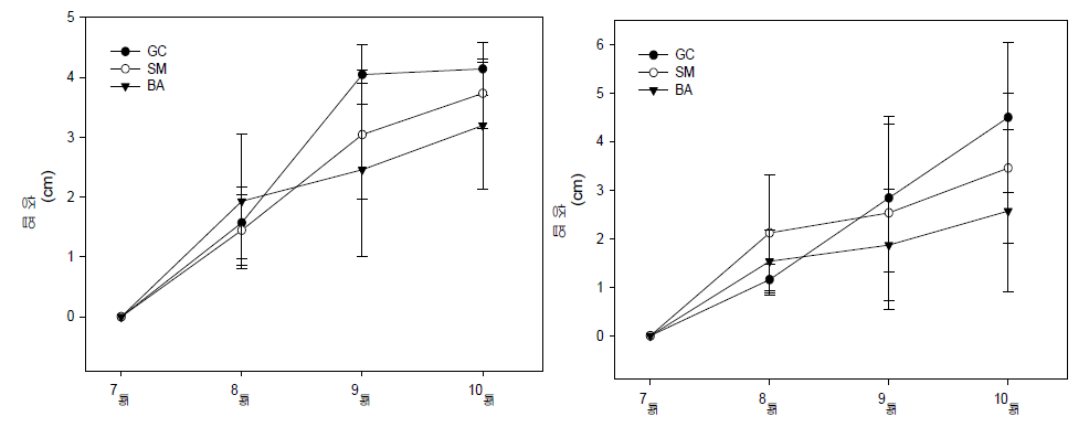 팔레놉시스의 배지별 신초생장량 (좌:만천홍, 우:리틀프린스) GC; Growcube, SM; 수태, BA; 바크